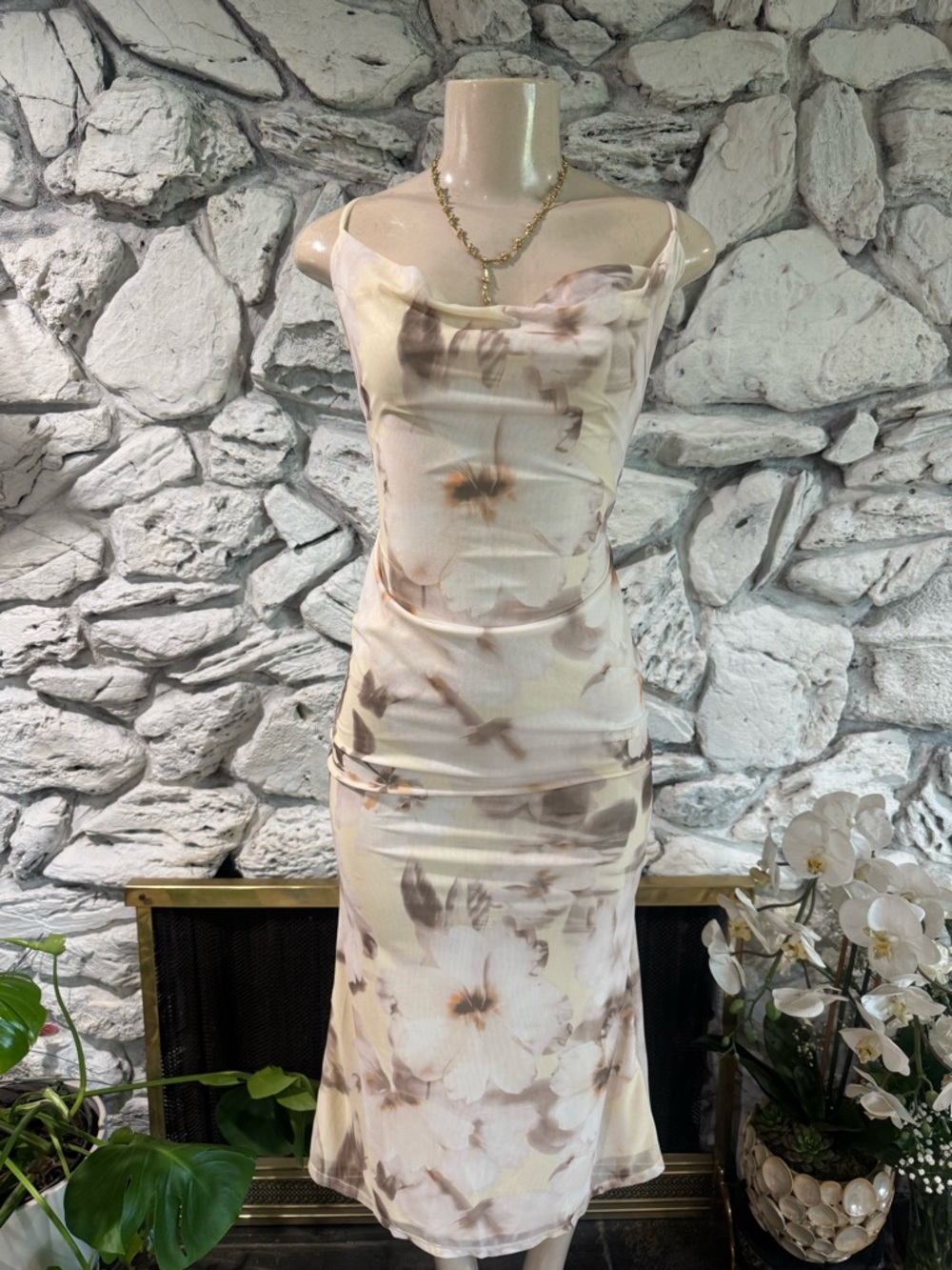 Floral Cowl Neck Slip Dress in Cream and Taupe